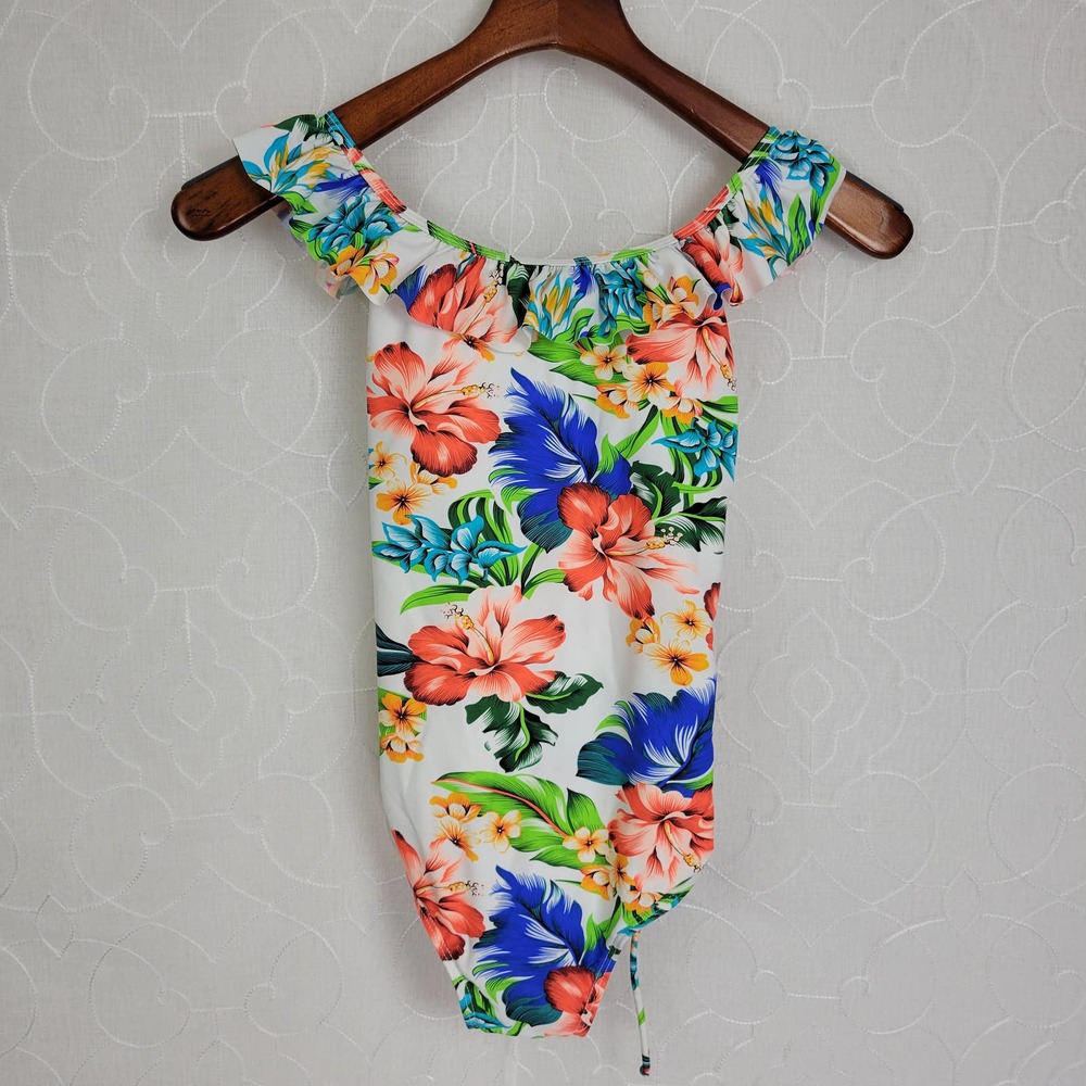Kalawalk Womens Swimsuit Size 12 Multicolor Floral One Piece Low Back Ruffled